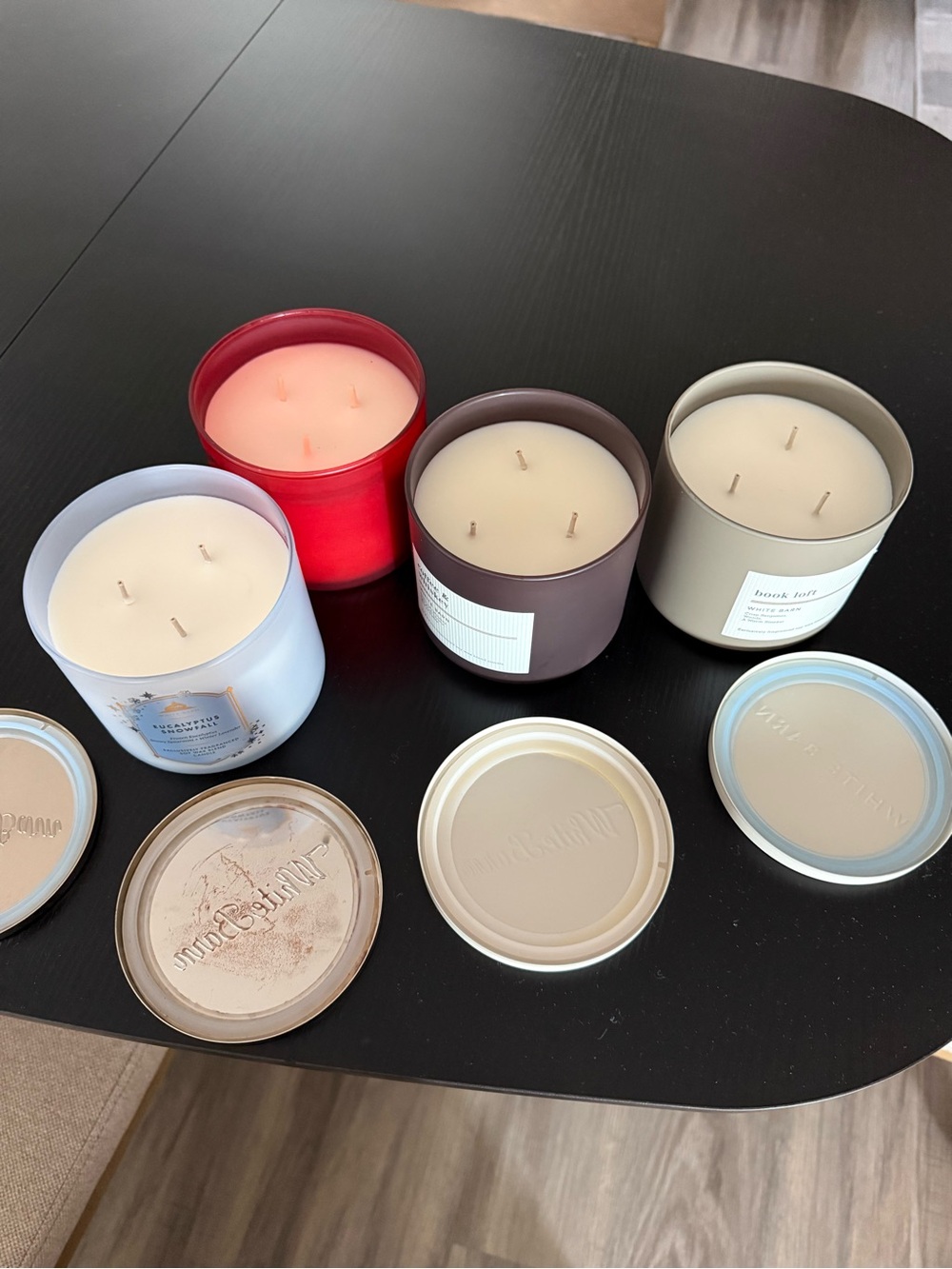 Bath & Body Works Assorted Scented Candles in Red, Light Blue, Taupe, Cream